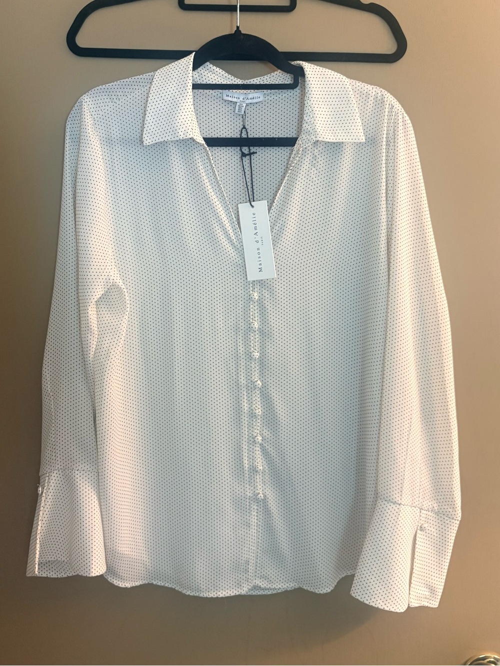 Maison De Amilie White Button-Down Blouse with Micro Dot Print
